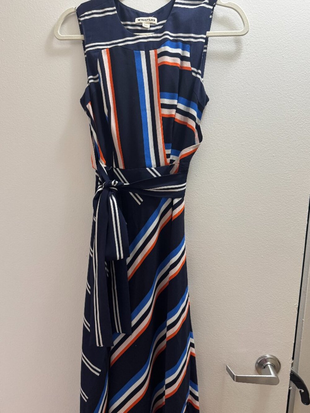 Whistles Navy Multi Stripe Sleeveless Tie Waist Midi Dress Blue Orange- Size 0